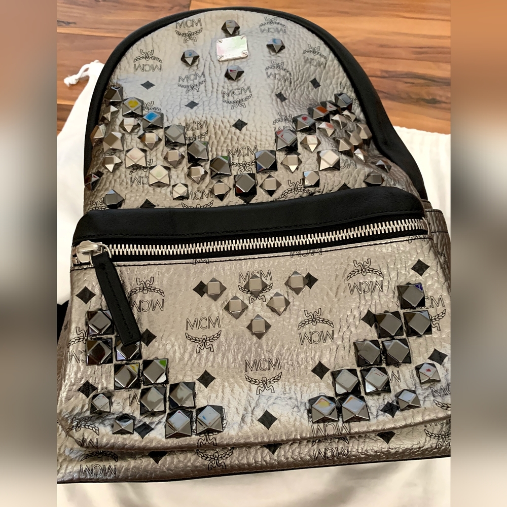 Authentic MCM medium stub metallic silver backpack